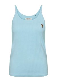 Šviesiai mėlynas, plėšytas maikutės su plonomis petnešėlėmis. Kairėje pusėje mažas siuvinėtas logotipas. Minkšta tekstūra ir prigludęs dizainas.