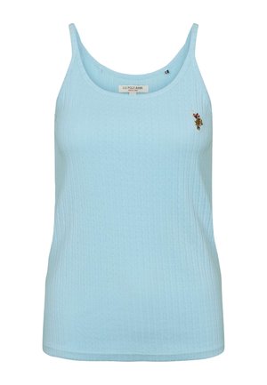 Hele sinine soonikuga top õhukeste rihmadega. Vasakul küljel on väike tikitud logo. Pehme tekstuur ja liibuv disain.