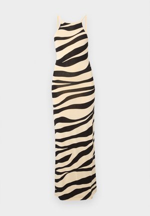 Ermeløs maxikjole med tynne stropper, beige bunnfarge og dristig svart zebramønster.