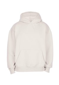 Plain light beige hooded sweatshirt with front kangaroo pocket and ribbed cuffs and hem, displayed on white background.