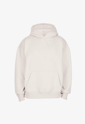 Ein schlichter, hellbeiger Kapuzenpullover mit einer vorderen Kängurutasche sowie gerippten Bündchen und Saum, auf einem weißen Hintergrund präsentiert.