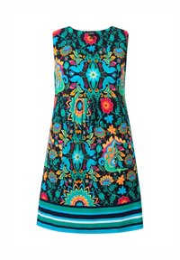 Abito senza maniche in tessuto nero con vivaci motivi floreali e paisley in turchese, rosa e arancione. Comprende un orlo a strisce.
