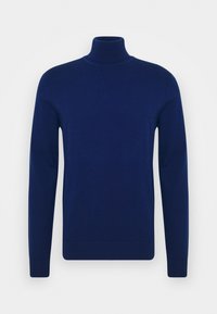 Marineblauer Rollkragenpullover aus glattem Strickstoff. Mit langen Ärmeln, figurbetonter Silhouette und gerippten Details am Kragen und Saum.