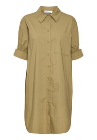 Abito camicia verde oliva realizzato in un misto cotone, con colletto, maniche corte a palloncino, bottoni davanti e taschino sul petto.