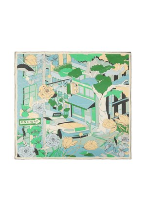 Strada cittadina con taxi, segnale di senso unico, vetrina, semaforo, albero grande e vari fiori in toni smorzati di verde, blu e beige.