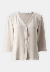 Blouse beige clair à boutons avec un col en V, manches trois-quarts et un tissu texturé. Cinq boutons sur le devant et un design décontracté.