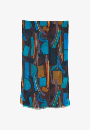 Écharpe multicolore avec des motifs abstraits en bleu, marron, orange et vert. Fabriquée en tissu léger avec un bord à franges.
