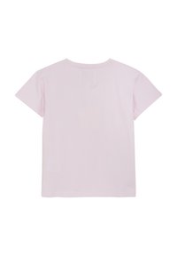 Kortärmad t-shirt med rundad hals i pastellrosa, tillverkad av mjuk bomull. Har en enfärgad baksida utan grafiska tryck eller dekorationer.