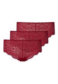 Rode kanten string met bloemenpatronen, geschulpte randen en een doorschijnende textuur, verkocht in een set van drie.