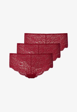 Rode kanten string met bloemenpatronen, geschulpte randen en een doorschijnende textuur, verkocht in een set van drie.