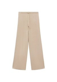 Pantalon large en tricot beige avec une taille à cordon, conçu pour une coupe décontractée et confortable.