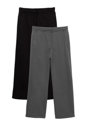 Twee paar sweatpants, één zwart en één grijs, beide met elastische taillebands, trekkoorden en zijzakken, plat weergegeven.