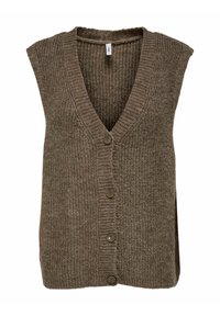 Bruine mouwloze cardigan met een V-hals, geribbelde textuur en vijf knoopsluitingen aan de voorkant, met zijsplitsen voor een gemakkelijke beweging.