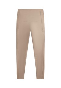 Leggings beige realizzati in tessuto elasticizzato con un alto punto vita e dettagli a costine sui lati. Vestibilità aderente, texture liscia, design a lunghezza caviglia.