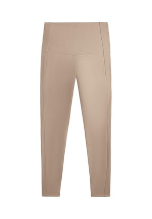Beige leggings made from stretchy fabric with a high waistband and ribbed side details. Fitted shape, smooth texture, ankle length design.