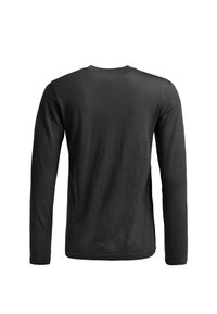 Black long-sleeve shirt made of soft fabric, featuring a round neck and a relaxed fit. The back has no patterns or embellishments.