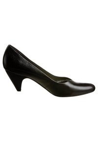 Black leather high heel shoe with a pointed toe, curved design, and a mid-height conical heel. Smooth texture, minimal accents.