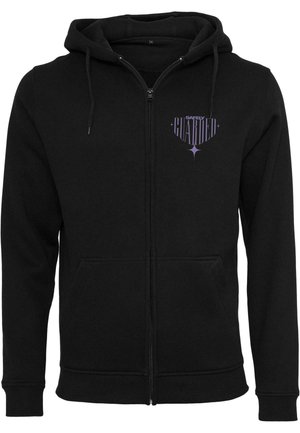 Black zip-up hoodie made of soft fabric, featuring a front pocket and a hood. "Safely Guarded" logo in purple on the left chest.