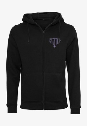 Sweat à capuche zippé noir en tissu doux, avec une poche avant et une capuche. Logo "Safely Guarded" en violet sur la poitrine gauche.
