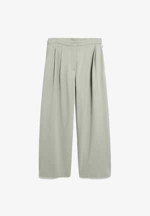 Helle grüne weite Hose mit Falten, glatter Textur, elastischem Bund und Seitentaschen. Einfaches Design, das für verschiedene Outfits geeignet ist.