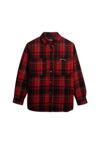 Red and black plaid shirt made of wool blend, featuring a button-up front, two chest pockets, and a collar. Includes logo detail above left pocket.