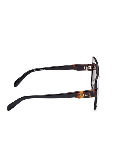 PUCCI Sonnenbrille mit einem Design in Schildpatt und Schwarz, rechteckigen Gläsern und goldener Markenkennzeichnung an den Bügeln.