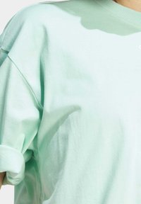 Ljus mintgrön bomullströja med avslappnad passform, uppvikta ärmar och en mjuk textur. Har en minimalistisk design utan synliga grafik.