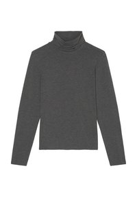 Dunkelgrauer Rollkragenoberteil aus weichem Stoff, mit langen Ärmeln und hohem Kragen, mit einem schlichten, taillierten Design.