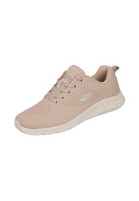 Zapatillas deportivas de color rosa claro con parte superior de malla, diseño perforado, puntera redonda, suela blanca plana y detalle de logo en el lado.