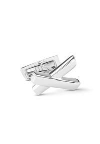Silver cufflinks with a geometric design, featuring polished surfaces and intersecting shapes. Shiny finish with smooth edges.