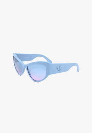 Occhiali da sole a forma di occhio di gatto con montature spesse azzurro chiaro e lenti riflettenti con tonalità rosa, con logo in rilievo sulla aste.