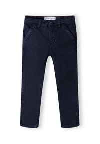Chinos bleu marine en mélange de coton, dotés de deux poches avant, d'une fermeture à bouton et d'une coupe droite avec une texture minimale.