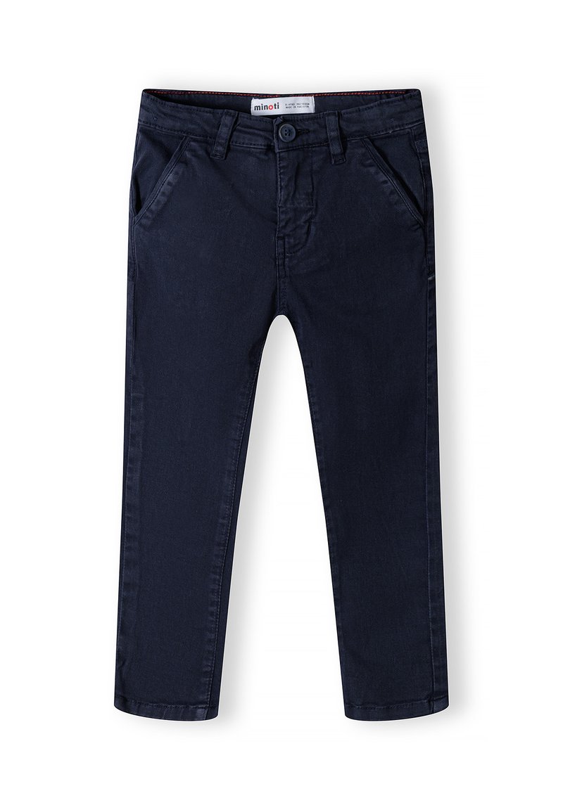 Chinos bleu marine en mélange de coton, dotés de deux poches avant, d'une fermeture à bouton et d'une coupe droite avec une texture minimale.
