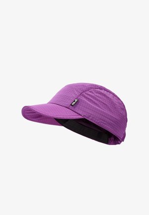 Cappellino leggero viola con motivo a quadri, visiera curva e piccolo logo nero sul lato, isolato su sfondo bianco.