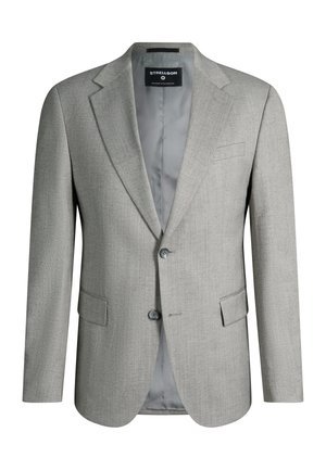 Jasnoszara marynarka męska ze szpiczastymi klapami, dwoma guzikami, kieszeniami z patkami oraz gładką podszewką wewnętrzną, oznaczona etykietą "Strellson".
