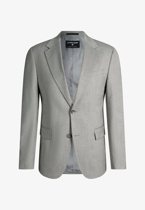 Jasnoszara marynarka męska ze szpiczastymi klapami, dwoma guzikami, kieszeniami z patkami oraz gładką podszewką wewnętrzną, oznaczona etykietą "Strellson".