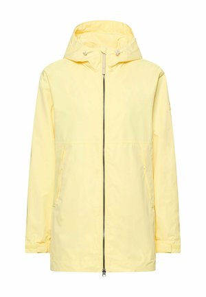Hellgelbe Regenjacke mit Kapuze, Frontreißverschluss und Seitentaschen, langen Ärmeln und verstellbaren Handgelenkriemen.
