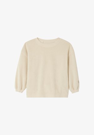 Beige langærmet crewneck-sweatshirt med ribbede ærmegab og kant, vist på en hvid baggrund.
