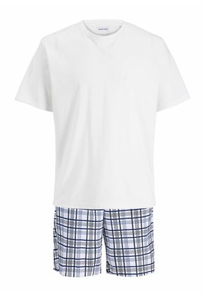 T-shirt en coton blanc associé à un short de bain à carreaux bleu et marine. Le short possède une taille élastique et des poches latérales.