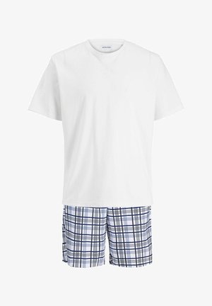 Hvid bomulds T-shirt parret med svømmebukser i navy og blå plaid. Bukserne har en elastisk talje og sidelommer.