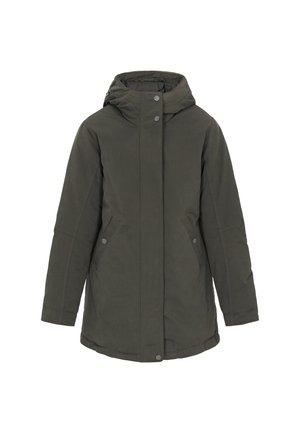 Hedvábná parka bunda ve tmavě olivové barvě, s zipovým zapínáním, cvočky a bočními kapsami s hladkým textilním povrchem.