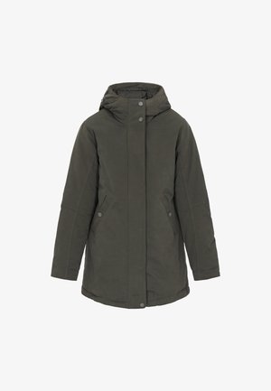Giacca parka con cappuccio in verde oliva scuro, dotata di chiusura con zip, bottoni a pressione e tasche laterali con una texture del tessuto liscia.