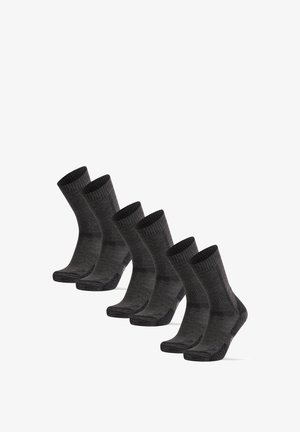 Cinq paires de chaussettes gris foncé avec des poignets côtelés, des semelles rembourrées et des talons renforcés. Le tissu semble doux avec une texture lisse.