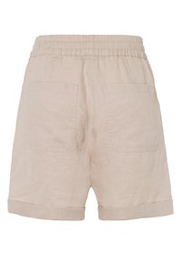 Beige Leinen-Shorts mit einem elastischen Bund, zwei Gesäßtaschen und umgeschlagenem Saum an den Beinen. Glatte Textur und lässiges Design.