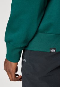 Green sweatshirt with ribbed cuffs and hem, featuring a small black logo tag on the side. Worn with black pants displaying a brand name.