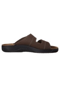 Braune Leder-Slipper-Sandale mit schwarzer strukturiertem Sole, offener Zehenpartie und Ausschnitt-Design auf den oberen Riemen.