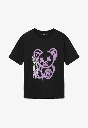 Black short-sleeve T-shirt with purple graffiti-style teddy bear with crossed-out eyes and white vertical text on front center.