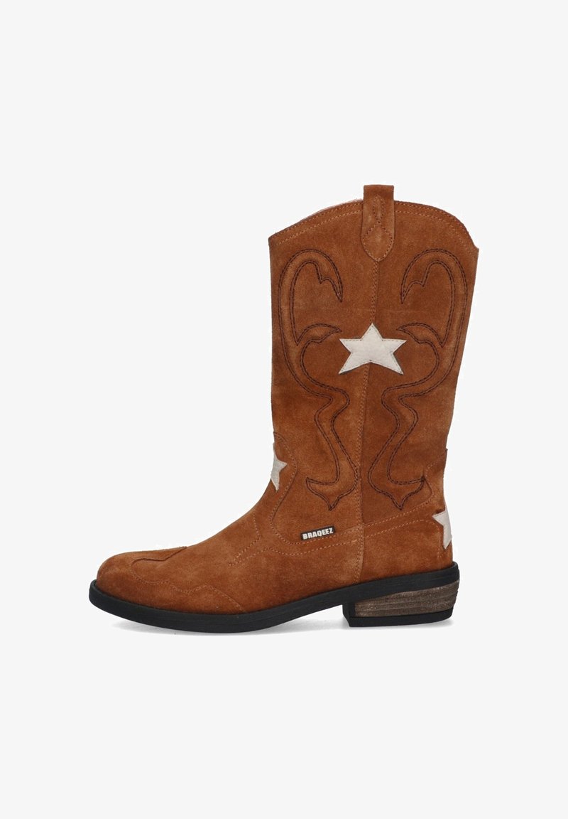 Brown suede cowboy boot with white star accents, curved stitching patterns, and a stacked heel. Side logo visible near the sole.
