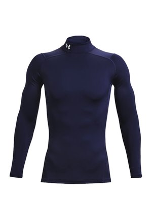 Marineblauw sportshirt met lange mouwen en hoge kraag, gemaakt van rekbaar materiaal. Bevat een logo op de borst en heeft een aansluitend ontwerp.