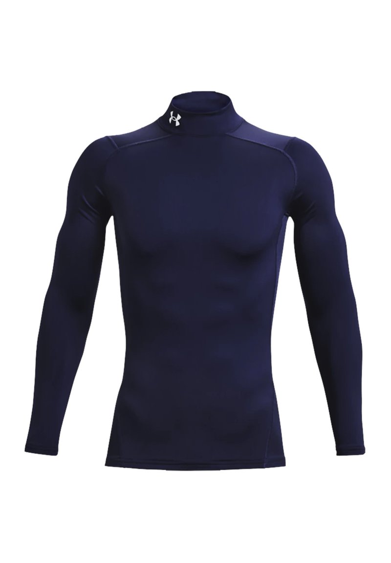 Navy blue long-sleeve athletic shirt with a high collar, made of stretchy fabric. Features logo on the chest and fitted design.